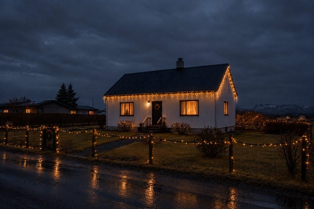 Einbýlishús með grýlukertum á þakkanti og ljósum á girðingu
